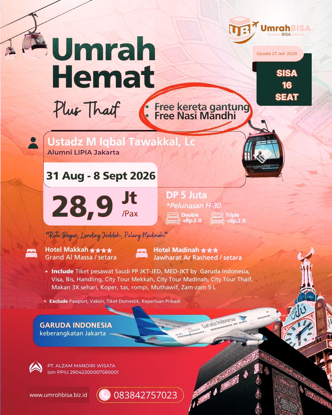 Umroh hemat plus city tour Thaif, 31 Agustus - 8 September 2026